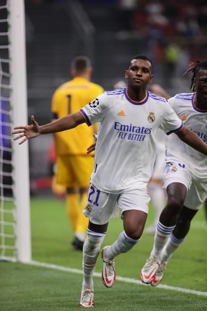 Rodrygo of Real Madrid CF celebrates after scoring a goal during the UEFA Champions League 2021/22 Group Stage - Group D football match between FC...