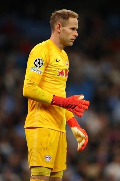 Peter Gulacsi of RB Leipzig during the UEFA Champions League group A match between Manchester City and RB Leipzig at Etihad Stadium on September 15,...