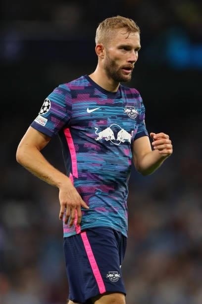 Konrad Laimer of RB Leipzig during the UEFA Champions League group A match between Manchester City and RB Leipzig at Etihad Stadium on September 15,...
