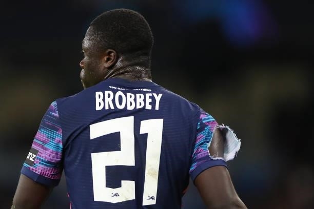 The UEFA Champions League patch on the sleeve of Brian Brobbey of RB Leipzig during the UEFA Champions League group A match between Manchester City...