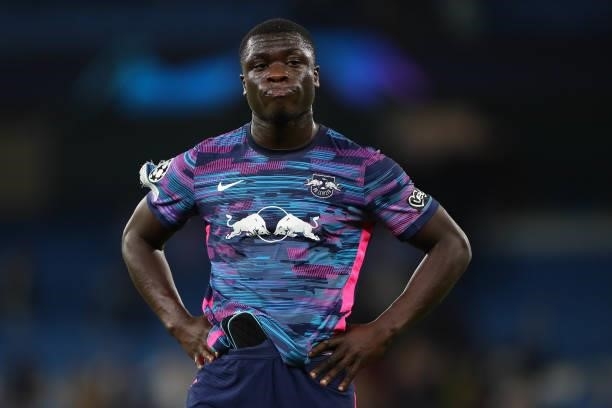 Dejected Brian Brobbey of RB Leipzig at full time during the UEFA Champions League group A match between Manchester City and RB Leipzig at Etihad...
