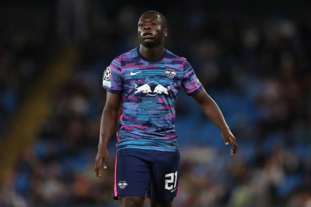 Brian Brobbey of RB Leipzig during the UEFA Champions League group A match between Manchester City and RB Leipzig at Etihad Stadium on September 15,...
