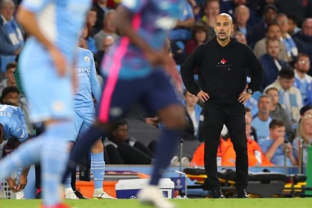 Pep Guardiola the head coach / manager of Manchester City during the UEFA Champions League group A match between Manchester City and RB Leipzig at...
