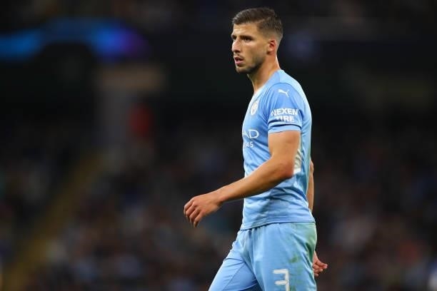 Ruben Dias of Manchester City during the UEFA Champions League group A match between Manchester City and RB Leipzig at Etihad Stadium on September...