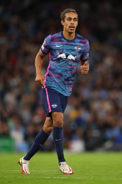 Yussuf Poulsen of RB Leipzig during the UEFA Champions League group A match between Manchester City and RB Leipzig at Etihad Stadium on September 15,...