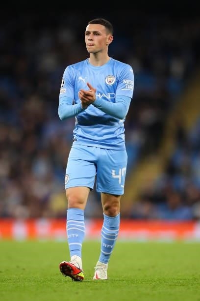 Phil Foden of Manchester City during the UEFA Champions League group A match between Manchester City and RB Leipzig at Etihad Stadium on September...