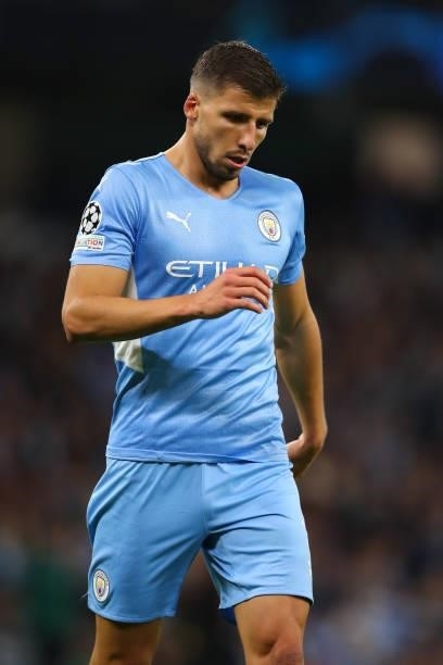 Ruben Dias of Manchester City during the UEFA Champions League group A match between Manchester City and RB Leipzig at Etihad Stadium on September...