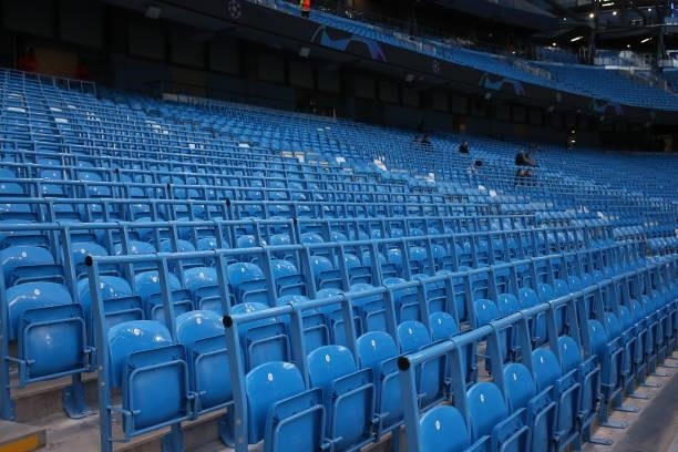 The safe standing - seating railed area at Etihad Stadium, home stadium of Manchester City during the UEFA Champions League group A match between...