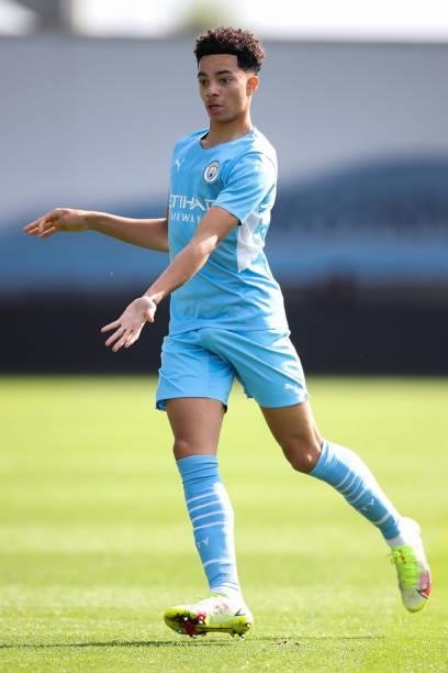 Sam Edozie of Manchester City during the UEFA Youth League match between Manchester City and RB Leipzig at Manchester City Football Academy on...