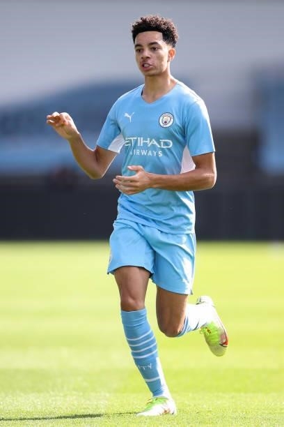 Sam Edozie of Manchester City during the UEFA Youth League match between Manchester City and RB Leipzig at Manchester City Football Academy on...