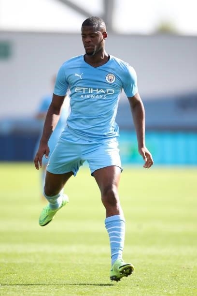 Luke Mbete of Manchester City during the UEFA Youth League match between Manchester City and RB Leipzig at Manchester City Football Academy on...
