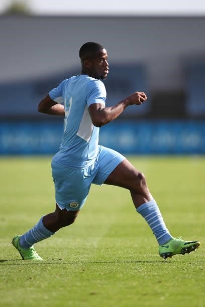 Luke Mbete of Manchester City during the UEFA Youth League match between Manchester City and RB Leipzig at Manchester City Football Academy on...