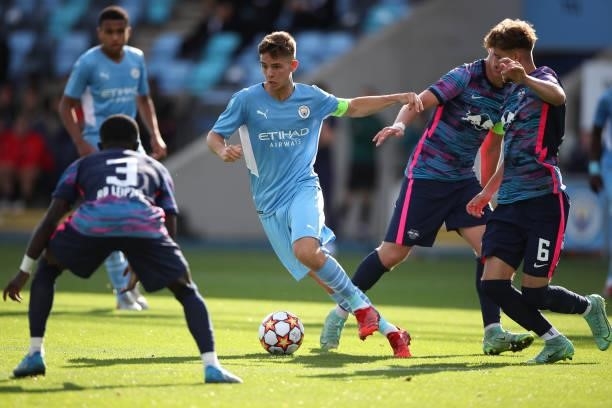 James McAtee of Manchester City during the UEFA Youth League match between Manchester City and RB Leipzig at Manchester City Football Academy on...
