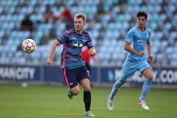 Daniel Krasucki of RB Leipzig during the UEFA Youth League match between Manchester City and RB Leipzig at Manchester City Football Academy on...