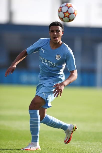 Egan-Riley of Manchester City during the UEFA Youth League match between Manchester City and RB Leipzig at Manchester City Football Academy on...
