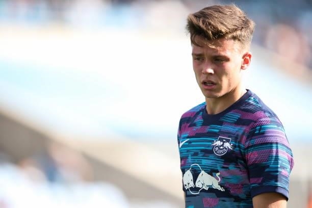 Sidney Raebiger of RB Leipzig during the UEFA Youth League match between Manchester City and RB Leipzig at Manchester City Football Academy on...