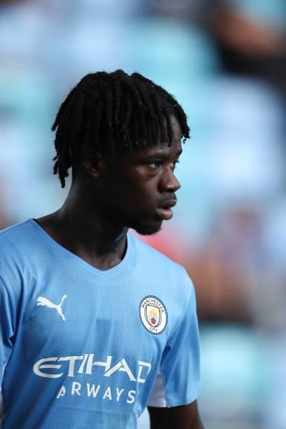 Darko Gyabi of Manchester City during the UEFA Youth League match between Manchester City and RB Leipzig at Manchester City Football Academy on...