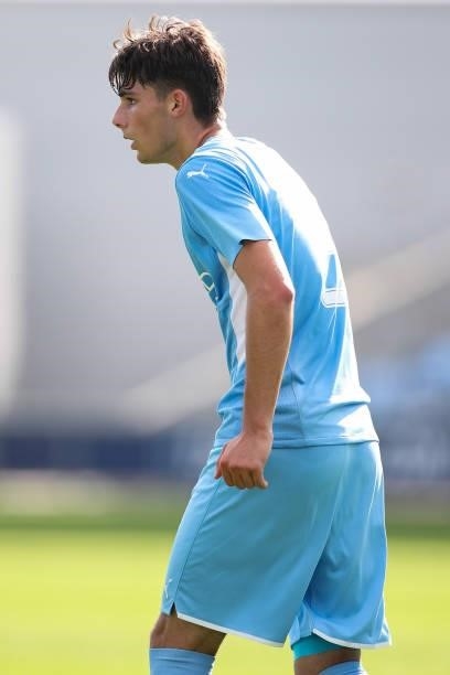 Finley Burns of Manchester City during the UEFA Youth League match between Manchester City and RB Leipzig at Manchester City Football Academy on...