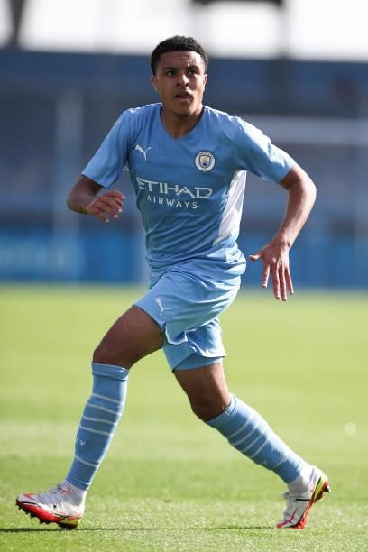 Egan-Riley of Manchester City during the UEFA Youth League match between Manchester City and RB Leipzig at Manchester City Football Academy on...