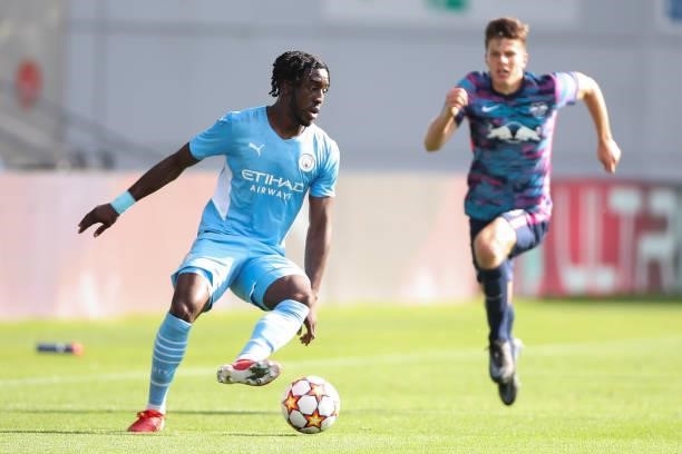 Josh Wilson-Esbrand of Manchester City during the UEFA Youth League match between Manchester City and RB Leipzig at Manchester City Football Academy...