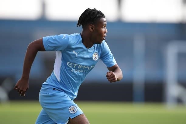 Micah Hamilton of Manchester City during the UEFA Youth League match between Manchester City and RB Leipzig at Manchester City Football Academy on...