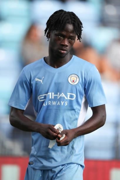 Darko Gyabi of Manchester City during the UEFA Youth League match between Manchester City and RB Leipzig at Manchester City Football Academy on...