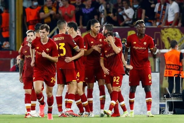 Tammy Abraham of AS Roma celebrates after scoring his team's fifth goal with team mates during the UEFA Europa Conference League group C match...
