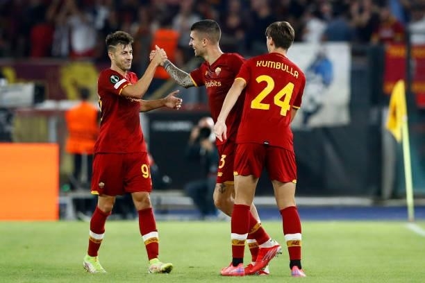 Gianluca Mancini of AS Roma celebrates after scoring his team's third goal with team mates during the UEFA Europa Conference League group C match...