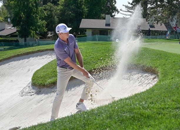 Hudson Swafford plays his bunker shot on the second hole during the first round of the Fortinet Championship at Silverado Resort and Spa North on...