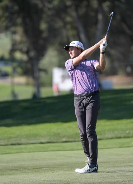 Austin Smotherman plays his second shot on the 18th hole during the first round of the Fortinet Championship at Silverado Resort and Spa North on...