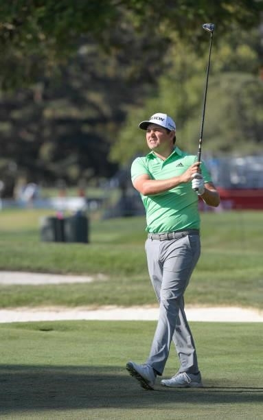 Andrew Novak plays his second shot on the 18th fairway during the first round of the Fortinet Championship at Silverado Resort and Spa North on...