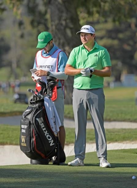 Andrew Novak waits to play his second shot on the 18th fairway during the first round of the Fortinet Championship at Silverado Resort and Spa North...