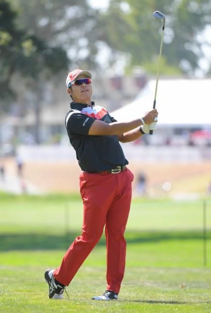 Hideki Matsuyama of Japan plays his second shot on the first hole during the first round of the Fortinet Championship at Silverado Resort and Spa...