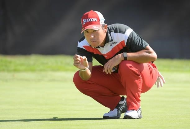 Hideki Matsuyama of Japan studies his putt on the tenth green during the first round of the Fortinet Championship at Silverado Resort and Spa North...