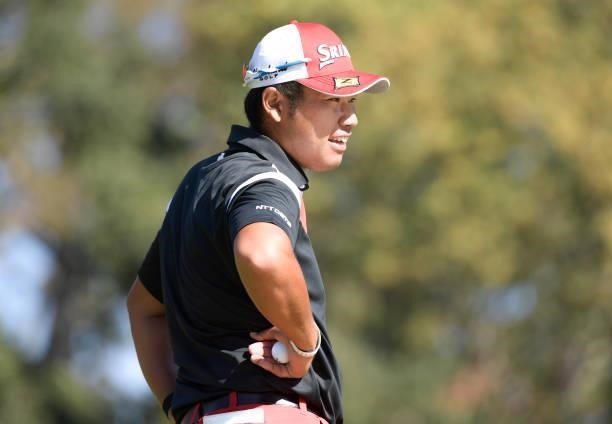 Hideki Matsuyama of Japan smiles as he waits to putt his ball on the tenth green during the first round of the Fortinet Championship at Silverado...