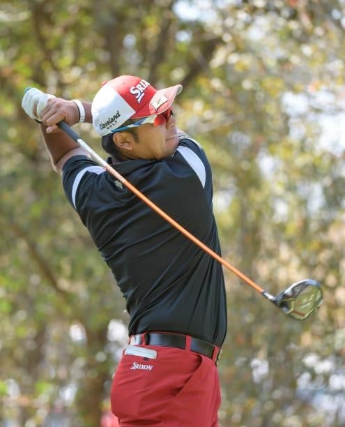 Hideki Matsuyama plays his tee shot on the third hole during the first round of the Fortinet Championship at Silverado Resort and Spa North on...