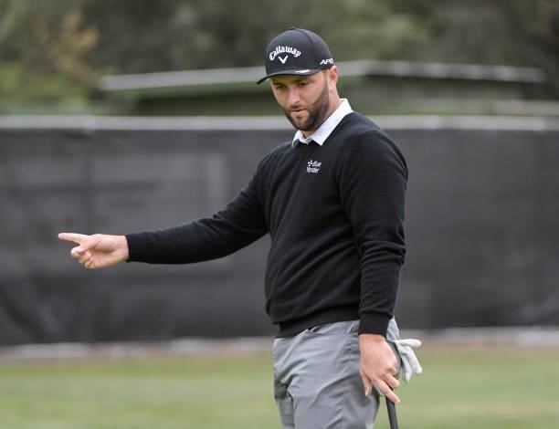 Jon Rahm of Spain reacts to his putt on the tenth green during the first round of the Fortinet Championship at Silverado Resort and Spa North on...