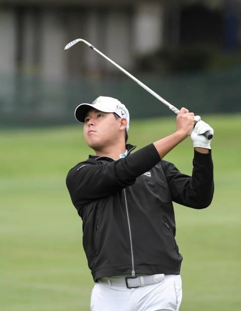Si Woo Kim of Korea plays his second shot from the 12th fairway during the first round of the Fortinet Championship at Silverado Resort and Spa North...