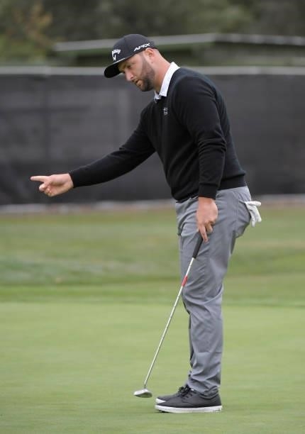 Jon Rahm of Spain reacts to his putt on the tenth green during the first round of the Fortinet Championship at Silverado Resort and Spa North on...