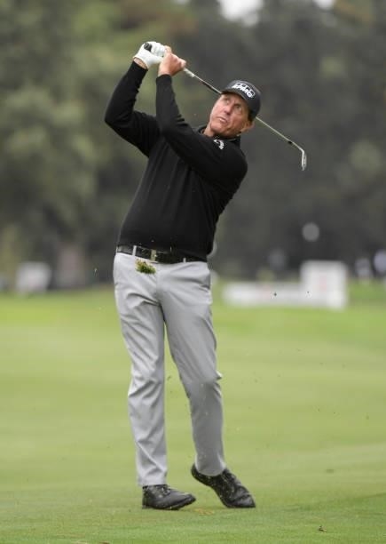 Phil Mickelson plays his second shot on the 12th hole during the first round of the Fortinet Championship at Silverado Resort and Spa North on...