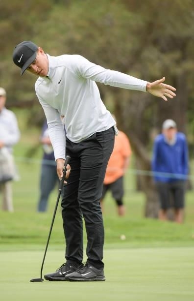 Cameron Champ reacts to his putt on the 14th green during the first round of the Fortinet Championship at Silverado Resort and Spa North on September...
