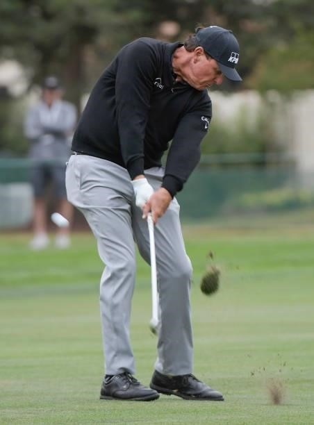Phil Mickelson plays his second shot on the 14th fairway during the first round of the Fortinet Championship at Silverado Resort and Spa North on...
