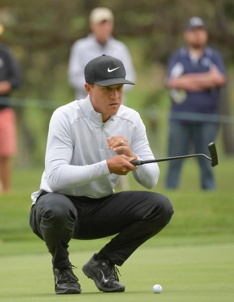 Cameron Champ studies his putt on the 14th green during the first round of the Fortinet Championship at Silverado Resort and Spa North on September...