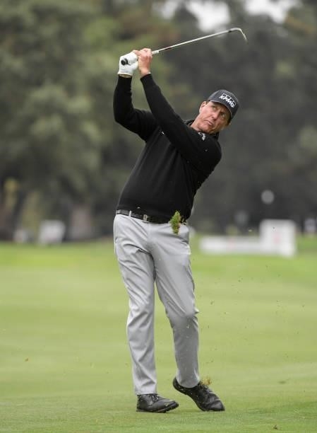 Phil Mickelson plays his second shot on the 12th hole during the first round of the Fortinet Championship at Silverado Resort and Spa North on...