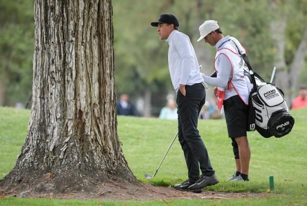 Cameron Champ plays his second shot from behind a tree on the 12th hole during the first round of the Fortinet Championship at Silverado Resort and...