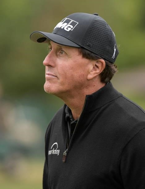 Phil Mickelson watches play on the 12th hole during the first round of the Fortinet Championship at Silverado Resort and Spa North on September 16,...