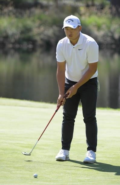 Kevin Yu studies his putt on the 11th green during the first round of the Fortinet Championship at Silverado Resort and Spa North on September 16,...