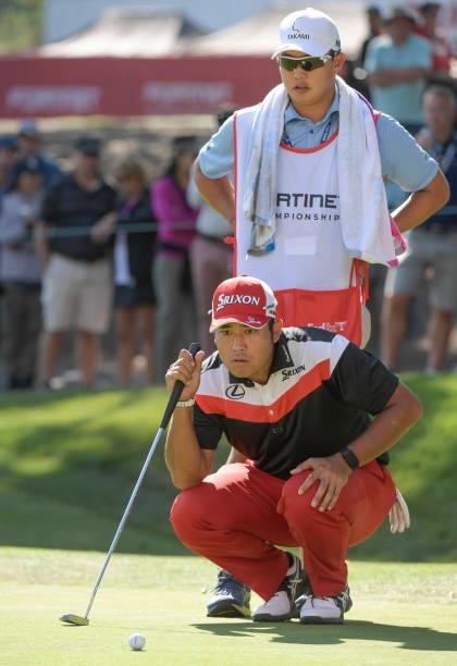 Hideki Matsuyama of Japan studies his putt on the 11th hole during the first round of the Fortinet Championship at Silverado Resort and Spa North on...