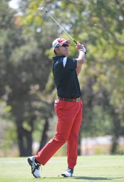 Hideki Matsuyama plays his second shot on the third fairway during the first round of the Fortinet Championship at Silverado Resort and Spa North on...