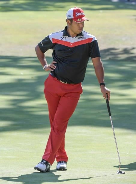 Hideki Matsuyama of Japan watches play on the 11th hole during the first round of the Fortinet Championship at Silverado Resort and Spa North on...